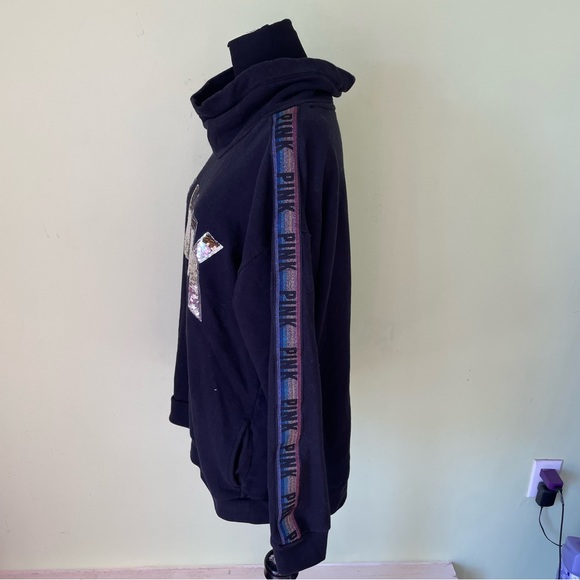 PINK VICTORIAS SECRET BLACK SEQUIN LOGO PULLOVER SWEATSHIRT SIZE MEDIUM - Picture 3 of 6